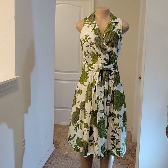 JESSICA HOWARD 50' STYLE SPRING SLEEVELESS FLORAL COLLARED DEEP V-NECK DRESS - Picture 4 of 16